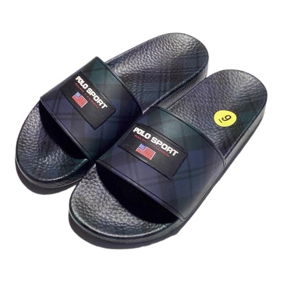 Polo Ralph Lauren Polo Sport Tartan Plaid Slides Sz 9 Mens Navy Green Black